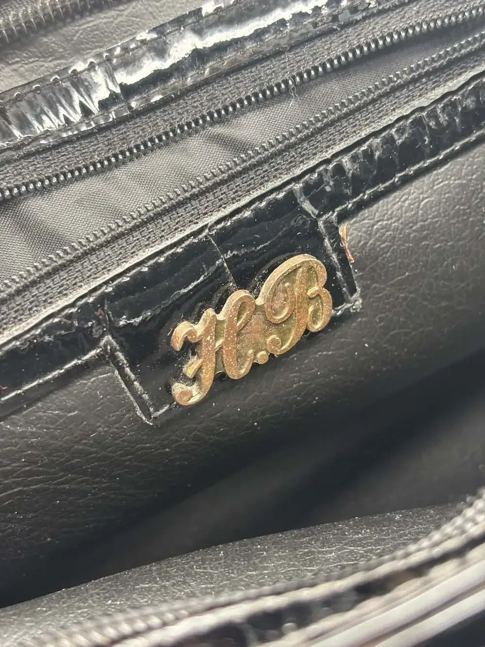 Vintage H.B. Black Patent Faux Reptile Handbag with Gold Metal Handle - 80s